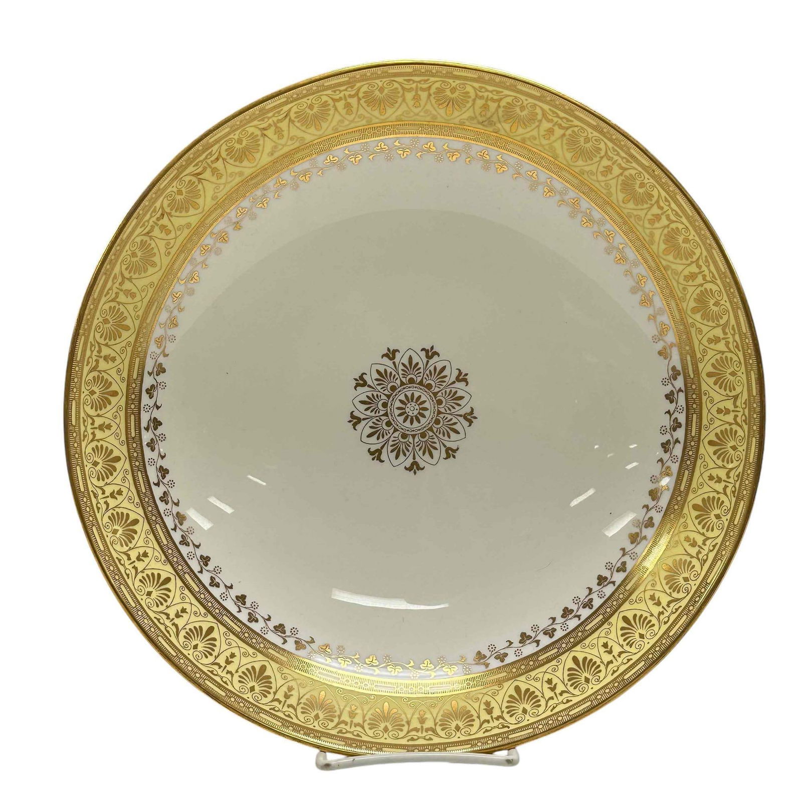 MINTON English Porcelain Shallow Bowl: Gold gilt and classy yellow bordered 11" diameter shallow form bowl by MINTON as shown, see photos. Good condition