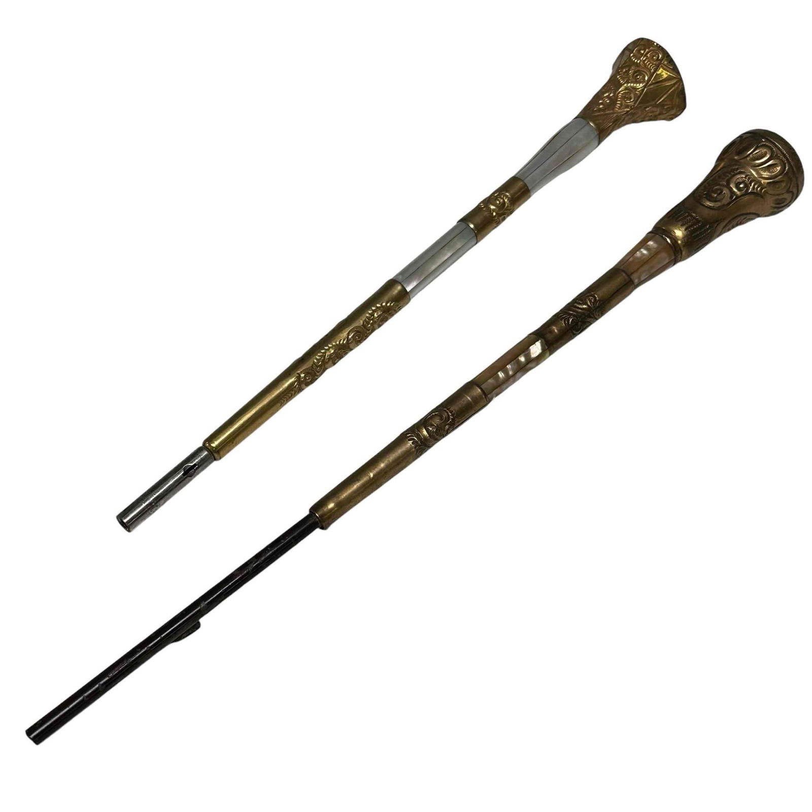 2 Antique Gold Filled and Brass Umbrella / Parasol Handles: Abalone mother of pearl with brass handles. Measuring approx 16.5" long and 13.5" long. Decorative objects