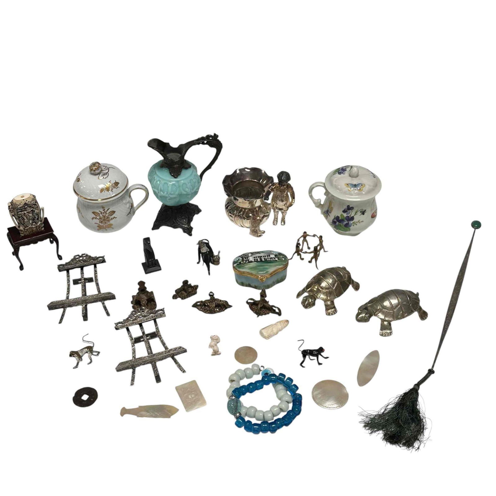 Collection (25) of Miniatures and Decorative Objects: Including Austrian cold painted monkeys, Chinese stamps coin, carved mother of pearl flat pcs, two beaded bracelets, Limgoes hand painted trinket pill box, two turtle clips, Victorian art glass cruet