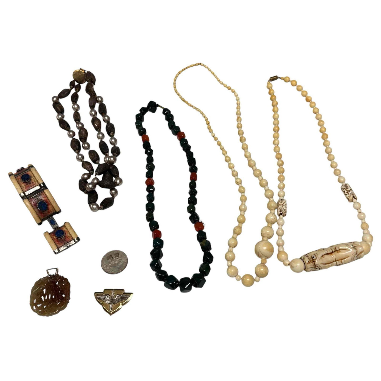 Sterling Silver and Coral Jewelry Group: Including a green and red coral beaded necklace, David Grau signed Dag beaded double string faux pearl statement necklace with large gold colored round clasp, sterling silver, bone and polished gemsto
