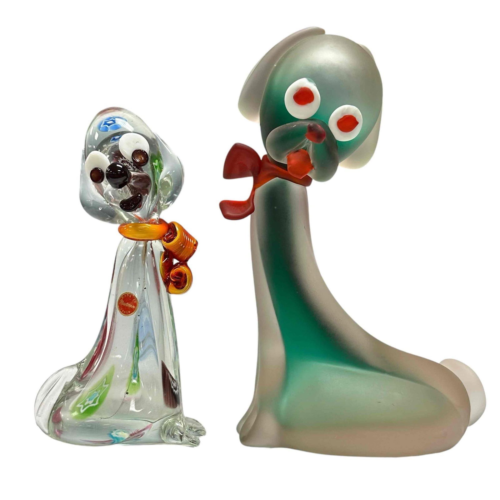 Italian Murano Art Glass Puppy Dog and Frosted Art Glass Dog: Smaller dog bearing the original Italy Murano label standing approx 9" tall tall and additional frosted art glass dog measuring approx 11" tall x 6.5" wide. Good condition as shown, see photos