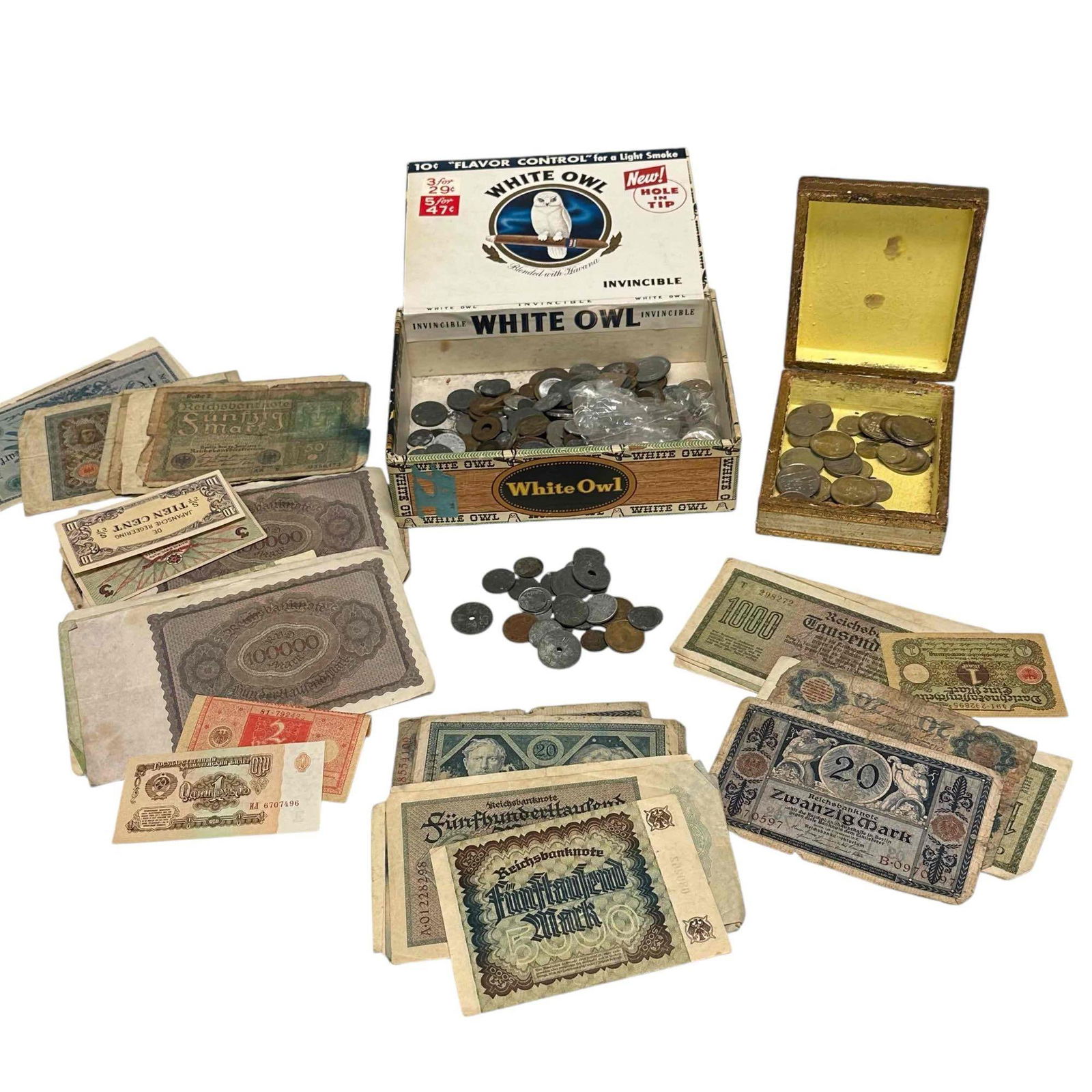 Assorted Foreign Coins and Notes, Company Tokens (Milk, Fare) - France, Mexico, Netherlands, (1 of 20)