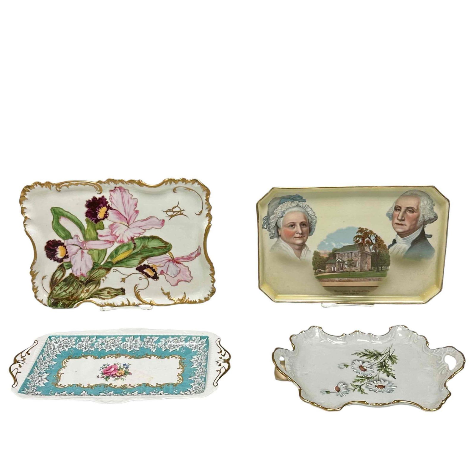 Four Porcelain Dresser Trays: Four porcelain dresser / vanity trays. Royal Albert Bone China England, Enchantment pattern. Measures approx 11.5" long x 6.5" wide. Scalloped edge with hand painted nippon vintage Limoges Chamart wit