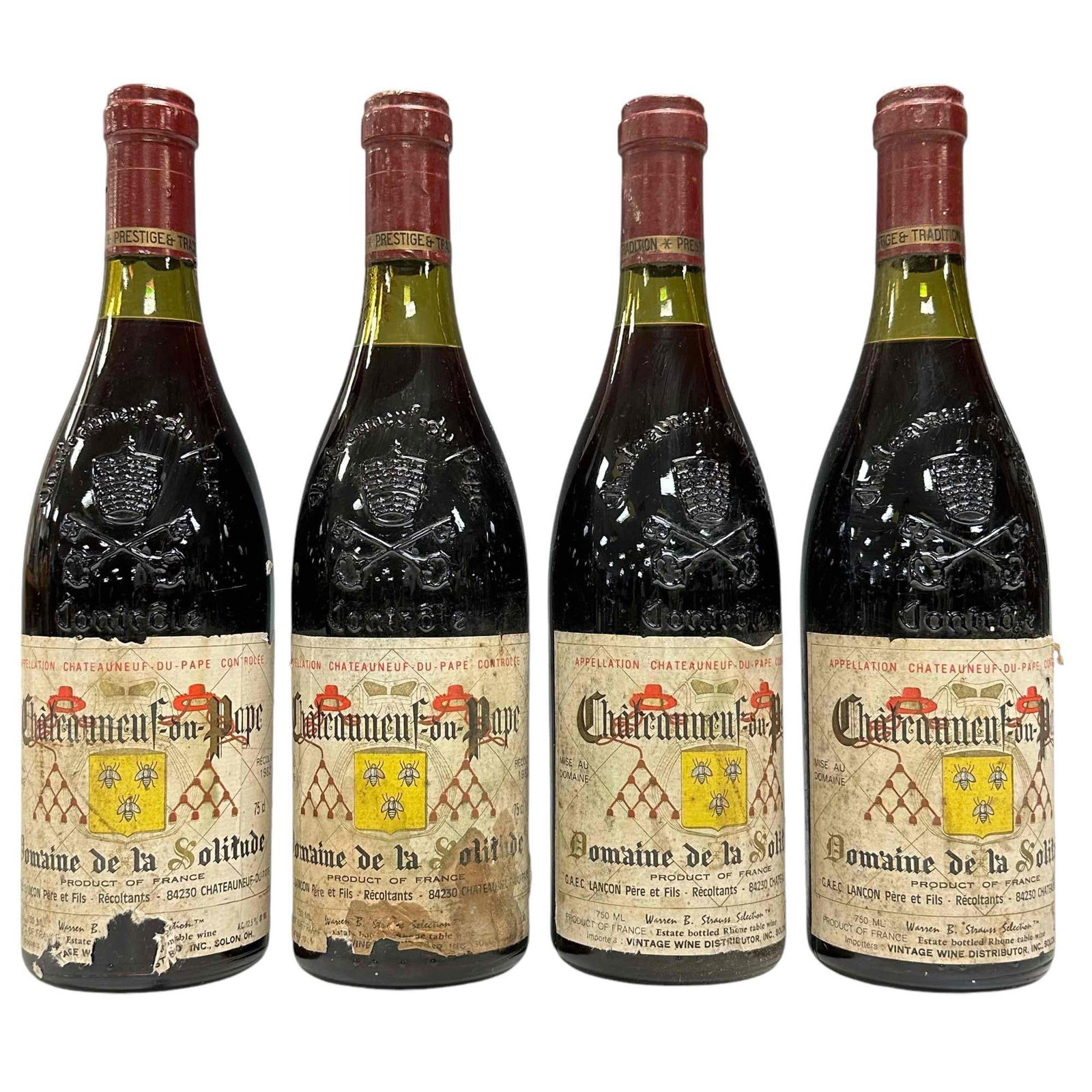 1982 Domaine de Solitude Chateauneuf du pape Collectibles: Four collectible and decorative vintage wine bottles 1982 Domaine de Solitude Chateauneuf du pape, France. Great collectible and decorative bottle for your wine cellar or French interiors, see photos.