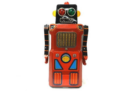 Japan Giant Sonic Robot - Modern Toys: Giant Sonic Train Robot Battery operated. Working. Made by Modern Toys Japan. One of the "Gang of Five" robots. Tin. 15". (Excellent). All Toys Come from A Collector in Cleveland Area. Premier Auction