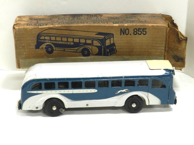 Buddy L. Mechanical Greyhound Bus #855: Circa 1940's pressed steel 16 in long near mint All Toys Come from A Collector in Cleveland Area. Premier Auction Galleries also does in house shipping