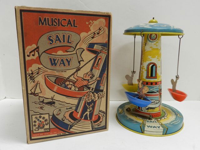 Unique Art Musical Sail Way: Circa 1940's Tin Wind-Up Mint Condition All Toys Come from A Collector in Cleveland Area. Premier Auction Galleries also does in house shipping