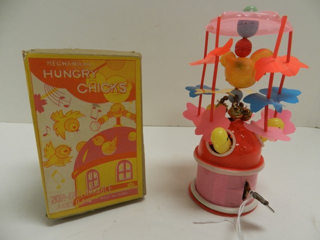 T.A. Japan Mechanical Hungry Chicks Whirly Gig: Celluloid with Wind-Up Mint Condition All Toys Come from A Collector in Cleveland Area. Premier Auction Galleries also does in house shipping