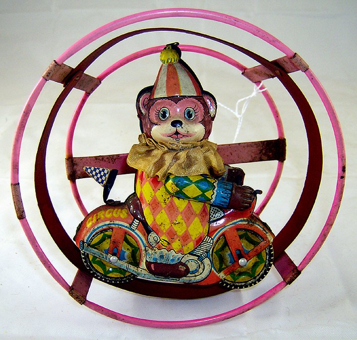 Lot of 2 Japan Tim Windup Circus Bears on Motorcycles: Circa 1950's. One complete with original hoop and working. Fair condition.