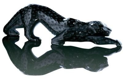 Large Black Lalique Crystal Zeila Panther: A symbol of strength and grace, the black panther makes a formidable statement. Exceptional details and meticulous craftsmanship make this collectible a captivating object d'art. 5.75 lbs, H 4.33" L 1