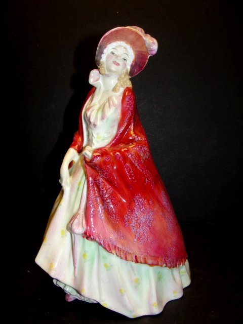 Royal Doulton Paisley Shaw HN 1392: Designed by L. Harradine, having very vivid colors: red (paisley) shawl, flowered beige/green/pink dress and hat. The registration number No. 753120. Condition excellent. 8 1/2'' Tall. From private co