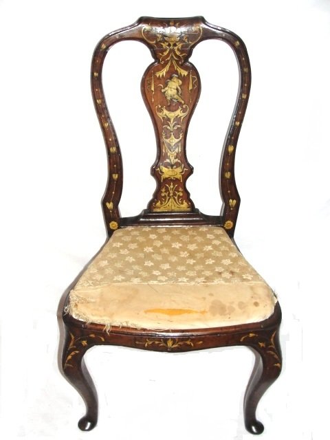 Portuguese Mid 18th. C. Bone Inlaid Chair: Companion to Lot 83. Bone inlaid to show foliage and classical figures, the shaped top rail above vasiform splat over upholstered drop in seat raised on cabriole legs Queen Ann spade feet. Condition o