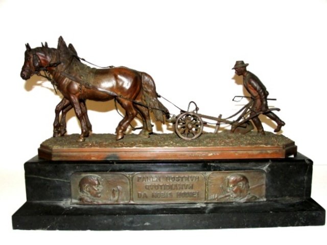 Austrian Bronze Figure Attributed To Carl Kaubu: Stamped on top right corner Geschutzt-which translates to legally protected. An Austrian Bronze Figural Group, Attributed to Carl Kauba (1865-1922), depicting a farmer plowing a field with two draft h