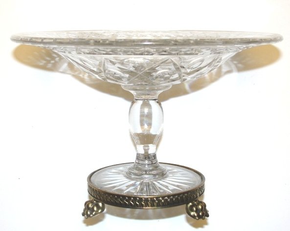 Signed Pairpoint Cut Glass Footed Compote: Fine cut glass compote/tazza with brass footed claw feet base. Stamped Pairpoint on base rim. 5 1/2'' x 8''
