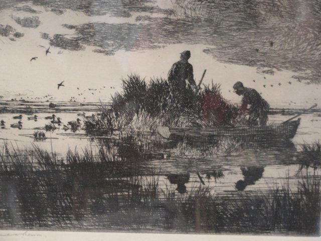Frank Benson 'Ducks At Dawn' Signed Etching: American, Signed "Frank W. Benson" lower left., Original frame with purchase label on back. Image 7'' x 9'' Frame 14 1/2'' x 16 1/2'' matted. Condition very good. Paff. 150