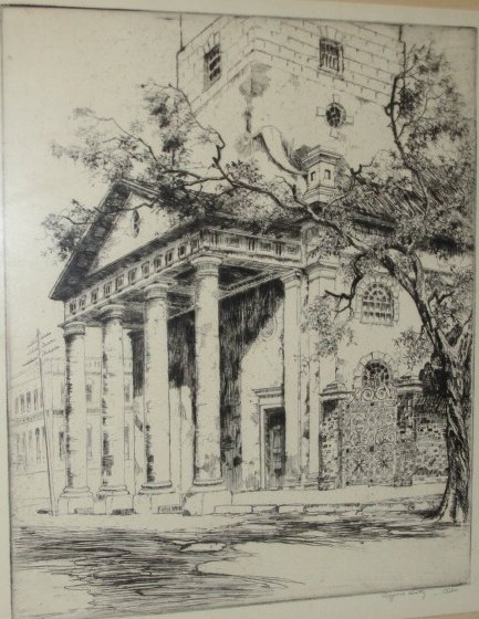 Alfred Hutty ''Old St. Michael's,,'' 1877-1954: Charleston, SC,. Drypoint, circa 1928, from an edition of 75, signed Alfred Hutty and inscribed indistinctly *** in pencil l.r.; in Very good condition. Image 10 1/4'' x 8 1/4''. Framed 18'' x 15''