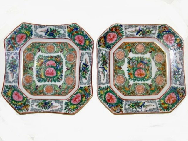 Chinese Export Rose Medallion Square Plates: These are rose medallion rectangular open serving dish, sometimes referred to as a vegetable dish, slightly bowed in and the corners are scalloped to lend a more graceful line. The decoration is very