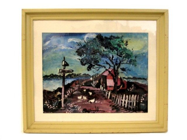 Watercolor Signed Alberta Cifolelli Ca. 1950: Rural scene of chickens in road by old barn surrounded by body of water, with treed landscape in on other side of bank in distance. In period 50s frame and matted. Paper loose on back side, with histo