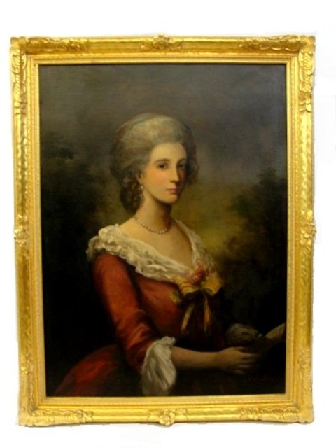 O/C Painting After V. Le Brun French (1755 - 1842): Ca. late 20th. C. Fine reproduction oil painting on canvas laid on board, of well dressed lady in 18th. C. dress. In ornate gold gilt frame. Condition very good. Image size 38'' x 27'' Frame 45'' x 34