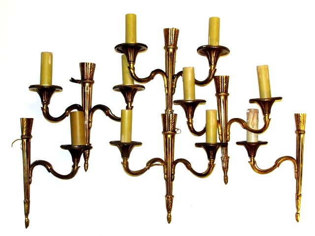 Antique French Napoleon III Sconce's: Electrified, including 4 double branch arms and two singles, bright gilding in excellent antique condition. Classic, traditional neo-classic torch with wheat sheaf crown, and lovely dimensional foliat