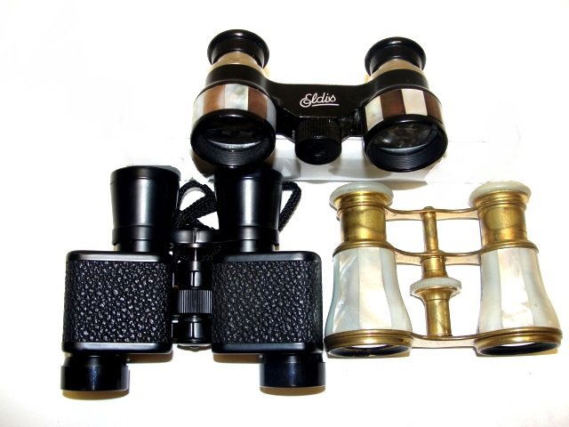Collection Of Three Vintage Opera Glasses: Including Circa 1900 Lemaire FI Paris Mother of Pearl Opera Glasses, condition overall good missing one section on pearl, one made in German, other Eldias with mother of pearl inlays. Condition overal