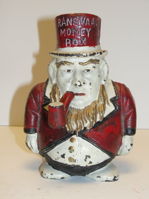 Ransvaal Boer War Era Kruger Still Money Box: This is a superb Boer War Era Kruger Money Box, The originals produced during the 1880s read Transvaal and Gazette on the reverse, and were manufactured by John Harper & CO Ltd , However in Circa 1890