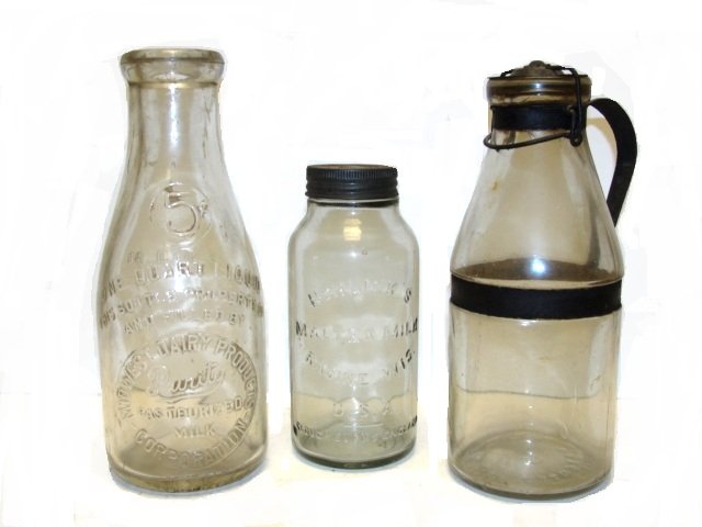Bottles, Purity Milk, Horlicks And AGS Co.: Malted milk bottles with good embossing, 7'' & 9'' tall. Molded clear glass milk bottle with tinned sheet iron hardware (wire top tinned cap and handle with loops), bottle marked on bottom: ÒA. G. S.