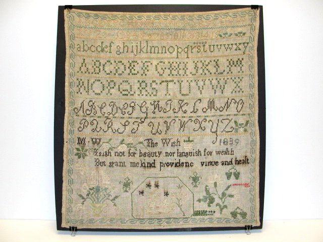 Early 1839's ABC Sampler Unframed From Pa.: From a Pittsburg Pa. private home. Condition very good. ABC's stitched in 3 various design lettering, with floral, strawberries and swan bordered in green S design . Initials M.W. Ink dated 1839. 17''