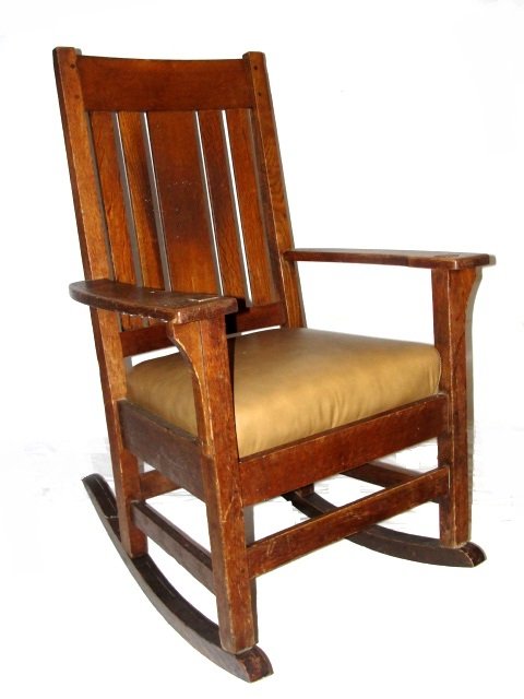 Mission quarter Sawn Oak Rocker (Unsigned): This Arts and Crafts Mission quarter sawn oak Rocking Chair is in very good condition, runner have wear, normal light color discoloration and scuff marks, newer fabric on seat. Having 5 vertical slats