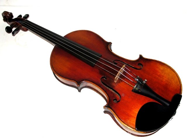 Stradivarius Copy Full Size Violin With Case: German 4/4 violin (used, c.1930) Stradivarius model, with two-piece flamed maple back. Sides and neck are also figured. Spruce top is perfectly quarter sawn, Original finish is intact, and nicely poli