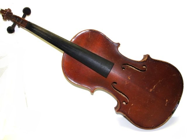 German Stradivarius Model 1/2 Size Violin: With and bow case having two piece back. Condition good, needs restrung appropriate wear and scratches for age use. From retired instrument dealer Madison Oh. L.O.B. 12 1/8''.