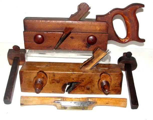 Early Chapin With Other Plow Plane And Tools: Union Factory stamped double bit plow plane, unmarked double bit plow plane, Stamped name on handle?? draw plane, STANLEY #77 Wood Scribe Mortise Gauge w/ Brass Inlay & Screws, With two other scribe m