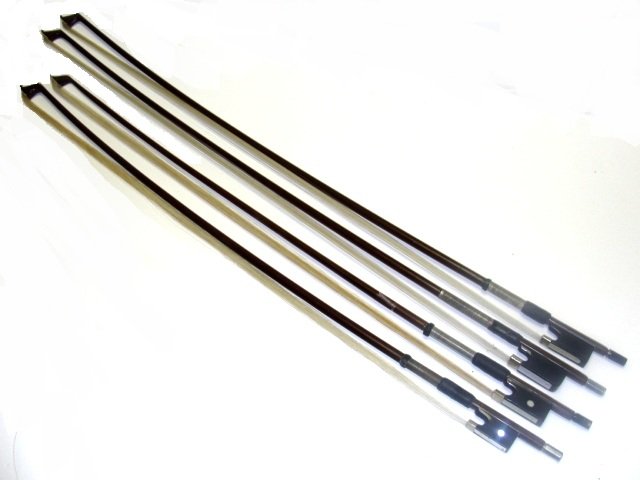 Glasser Stamped Vintage Violin, Viola Bows: Two 29'' two 26'' Condition good used bows, wear to finish on ends.