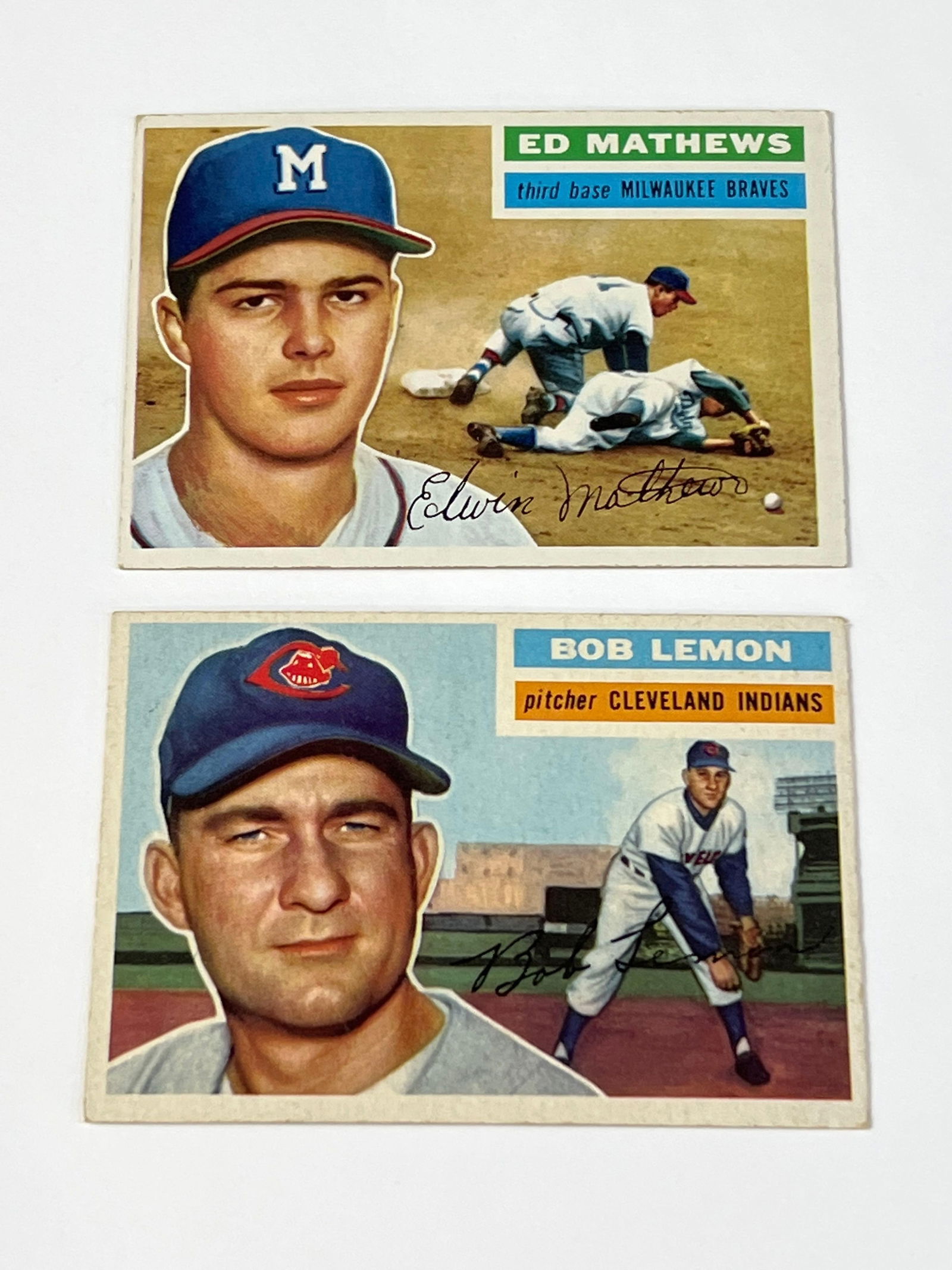 1956 Topps Bob Lemon and Eddie Mathews Baseball Cards (1 of 5)