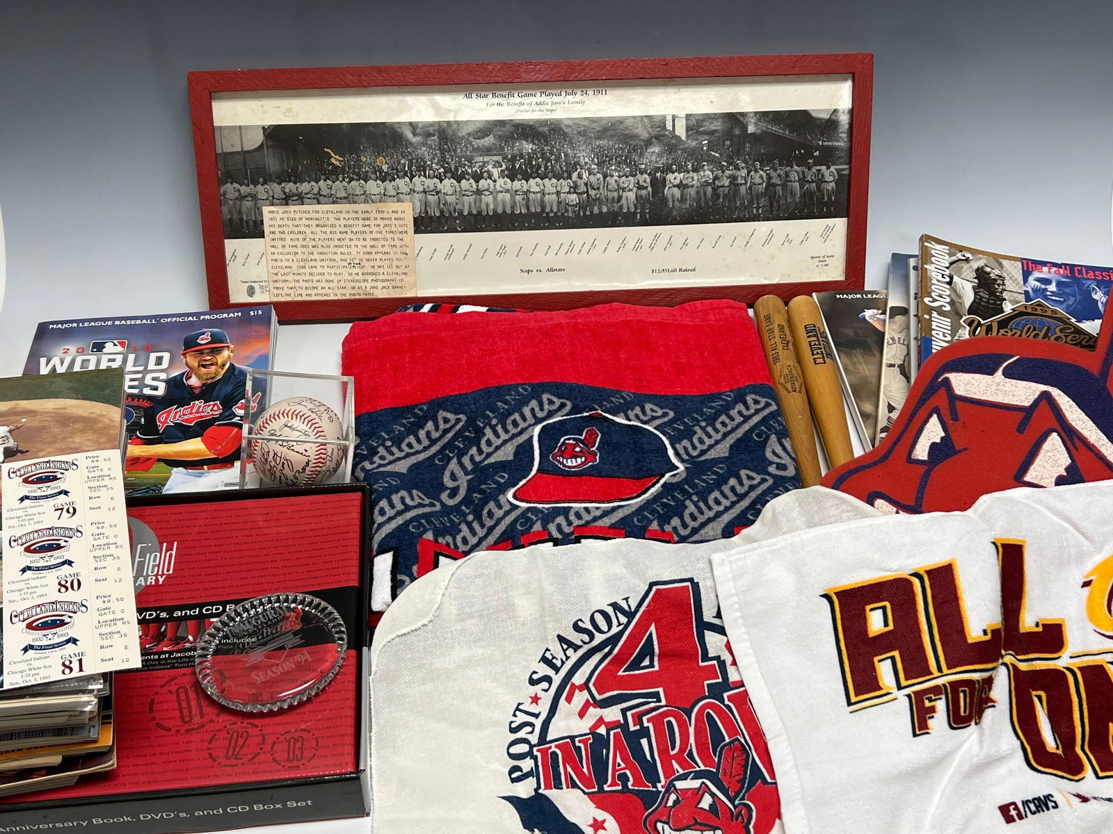 Amazing Cleveland Indians Memorabilia and Collectibles Lot: Chief Wahoo foam finger, 1963 All-Star Game mini souvenir bat, programs from important games such as world series and all-star. A large amount of material that requires local pickup.