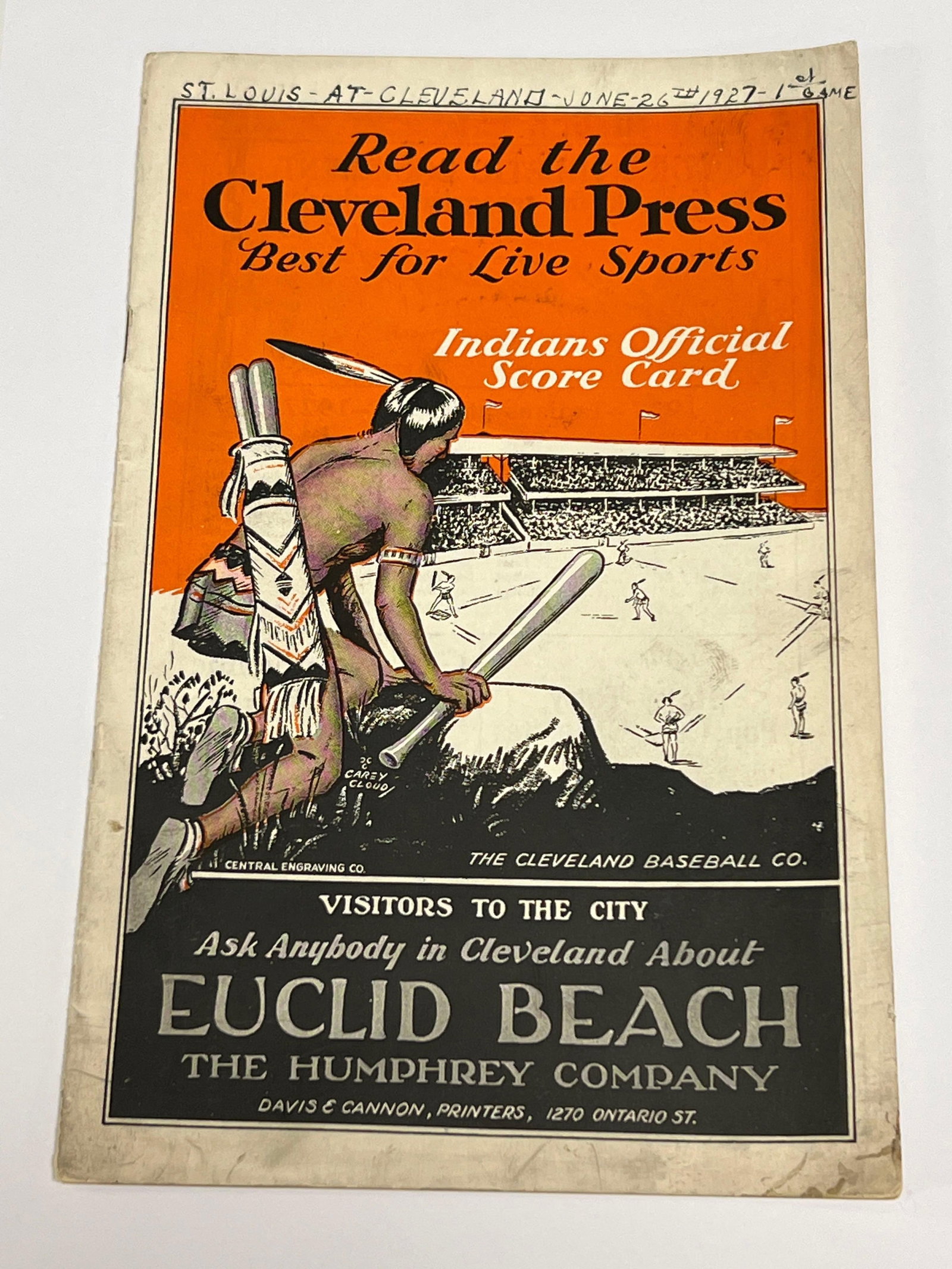 1927 Cleveland Indians St. Louis Browns Program Dunn Field: Scored program from a June 26, 1927 game played in Cleveland. HOF'ers George Sisler and Joe Sewell highlight the game. Cleveland won this Sunday game at Dunn Field, the stadium that was better known a