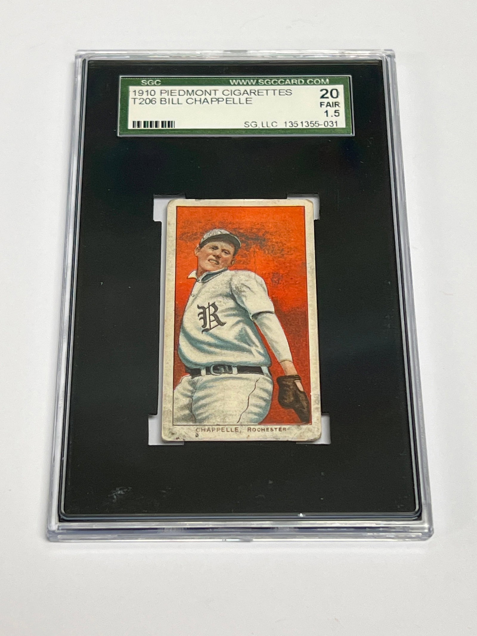 1910 T206 Bill Chappelle SGC 1.5 Piedmont: Fair grade on the Piedmont, 350 advertising back tobacco card.