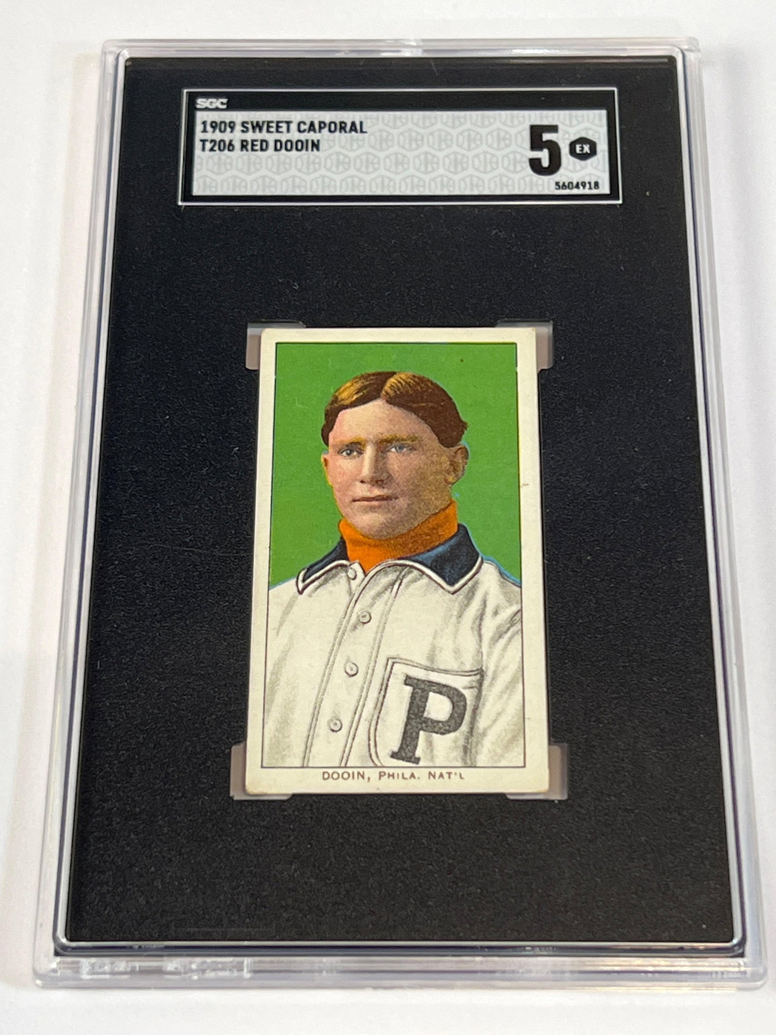 T206 Red Dooin Sweet Caporal SGC 5 EX: High quality 1909 T206 tobacco card with Sweet Caporal, 150 subject advertising back. Philadelphia Phillies catcher and manager! If you are looking for an attractive card that jumps out at you than th