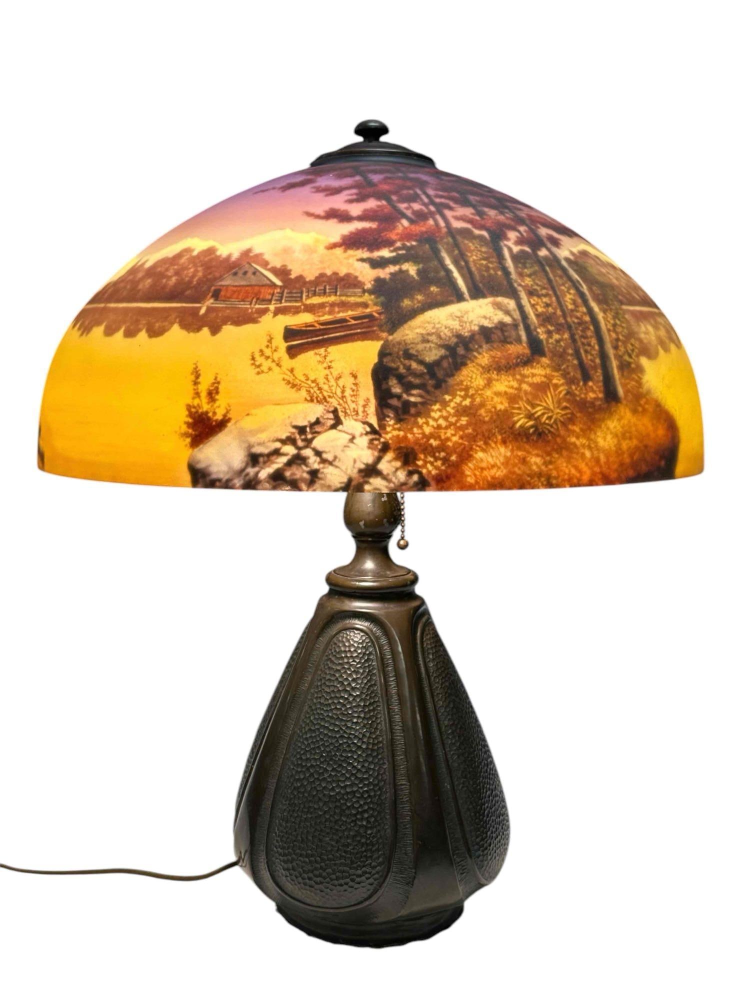 Bradley & Hubbard Reverse Painted Shade on Bronze Arts n Crafts Base