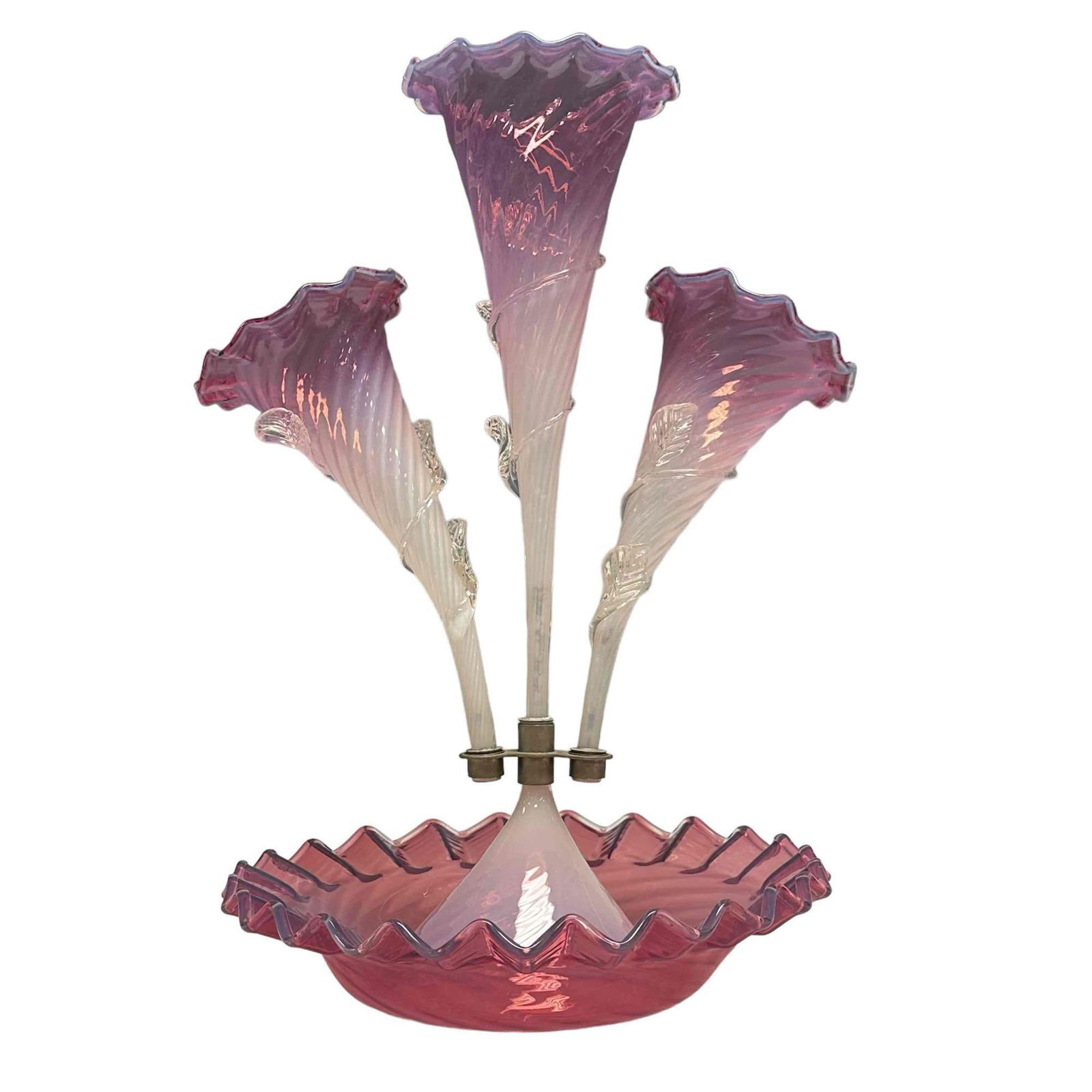 19th Century 3 Horn Cranberry Opalescent Flower Epergne (1 of 20)