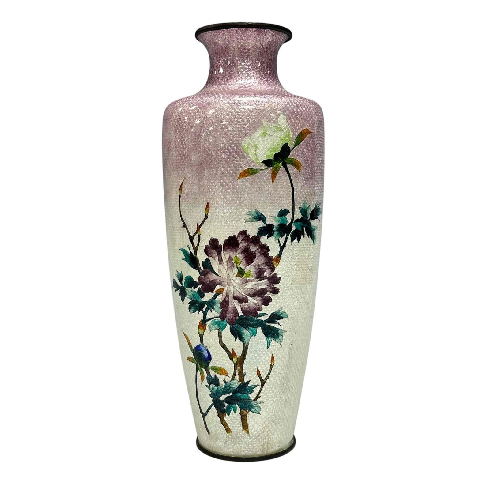 Meiji Japanese Ginbari Cloisonne Floral Urn Vase: Measuring approx 12" tall, stamped in center of silver as shown. Tight hairline on right side, see photos
