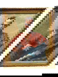 attrib Robert Brackman American Oil on Canvas: Robert Brackman, American (1898 - 1980) Oil on Canvas of a seated young man in blue jeans smoking a cigarette. Frame measures approx 28" high x 24 wide, Painting measures approx 24" high x 20" wide. L