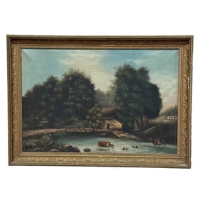 19th C. American School Oil on Canvas  - Country Farm Landscape