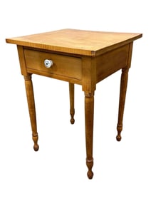 19th C. Early American Tiger Maple One Drawer Work Table / Stand