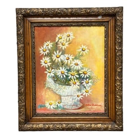 Signed 20th century Daisy Floral Still life in American Oak Frame