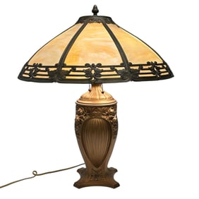 Antique Art Nouveau Caramel Slag Glass Panel Lamp