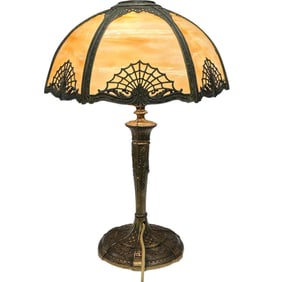 Art Nouveau Caramel Slag Glass Panel Lamp