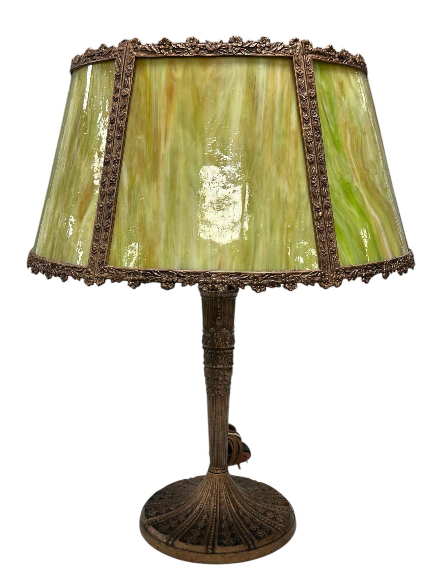 Arts and Crafts Style Green Slag Glass Lamp on Coppertone Base (1 of 20)