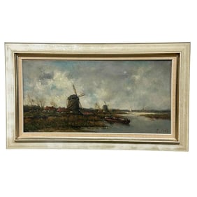 Early 20th Century Signed Dutch Windmill Landscape Painting