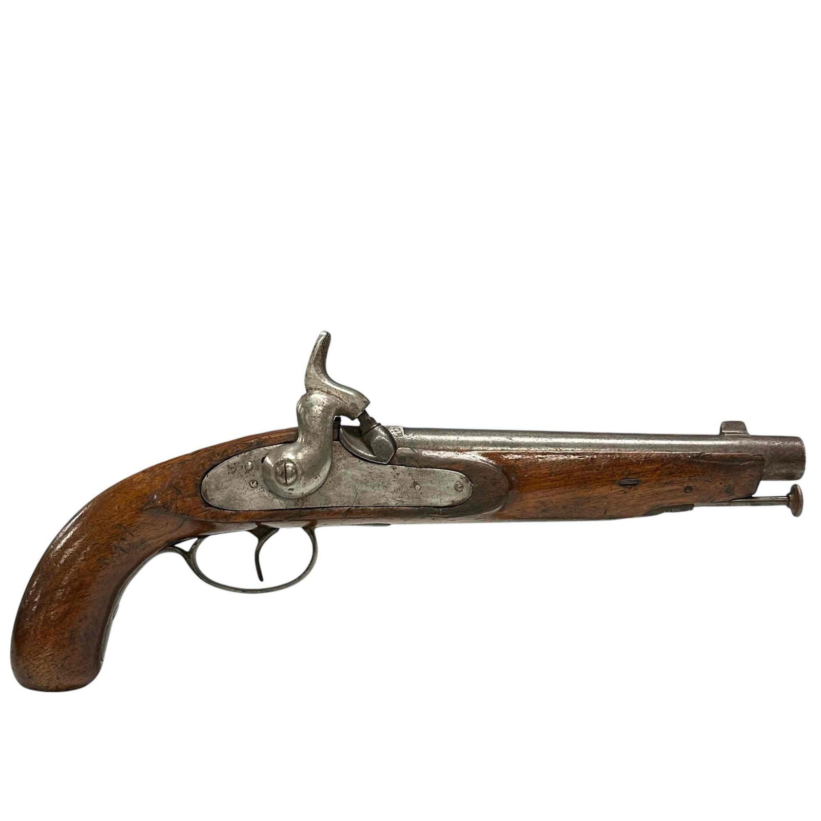 Early 19th Century English Pistol Flintlock/Percussion Conversion: Early 19th century flintlock pistol with a percussion converstion. Single piece walnut stock with light chips and cracking remains overall solid. Some scratches and wear consistent with age and very l
